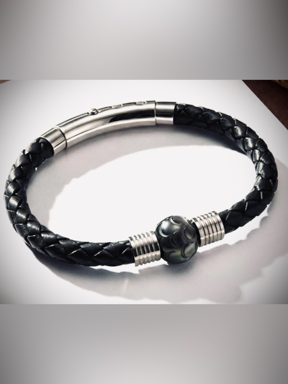 Carved Tahitian Black Pearl Leather Bracelet